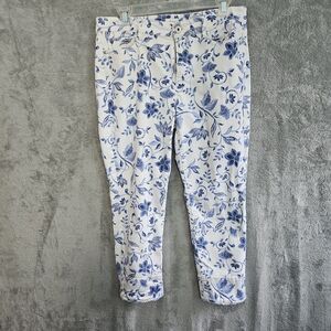 J.Jill Denim Sz 10 Authentic Fit Crop Floral Print Jeans Blue & White cotton ble